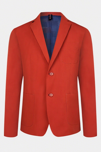 TWO - BUTTON NOTCH LAPEL BLAZER IN VIBRANT RED WITH CONTRAST BLUE LINING