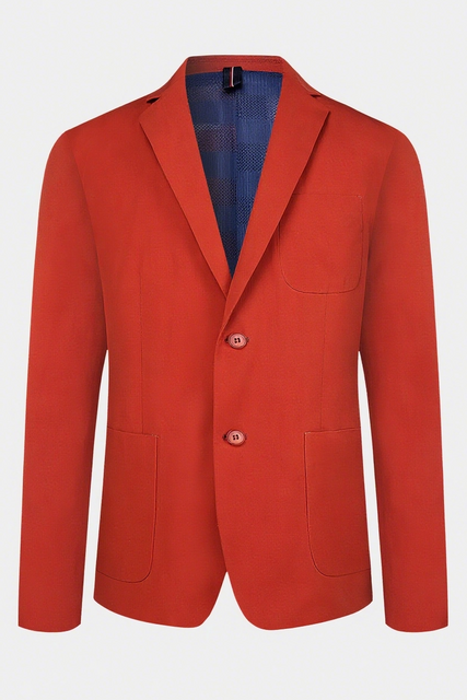 TWO - BUTTON NOTCH LAPEL BLAZER IN VIBRANT RED WITH CONTRAST BLUE LINING