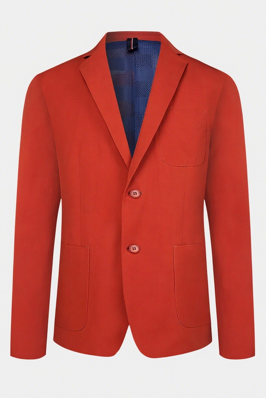 TWO - BUTTON NOTCH LAPEL BLAZER IN VIBRANT RED WITH CONTRAST BLUE LINING