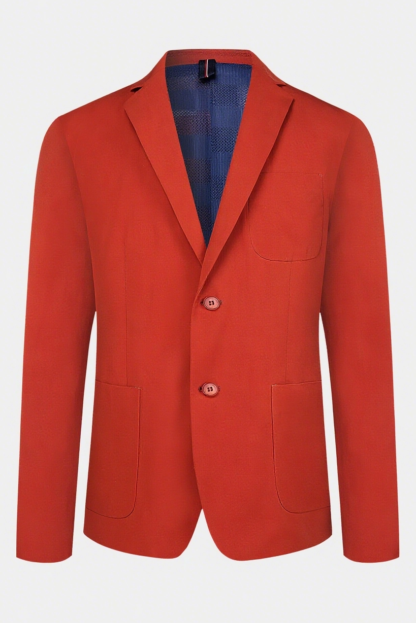 TWO - BUTTON NOTCH LAPEL BLAZER IN VIBRANT RED WITH CONTRAST BLUE LINING