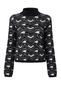 Women's Black Half Turtleneck White Heart Pattern Sweater