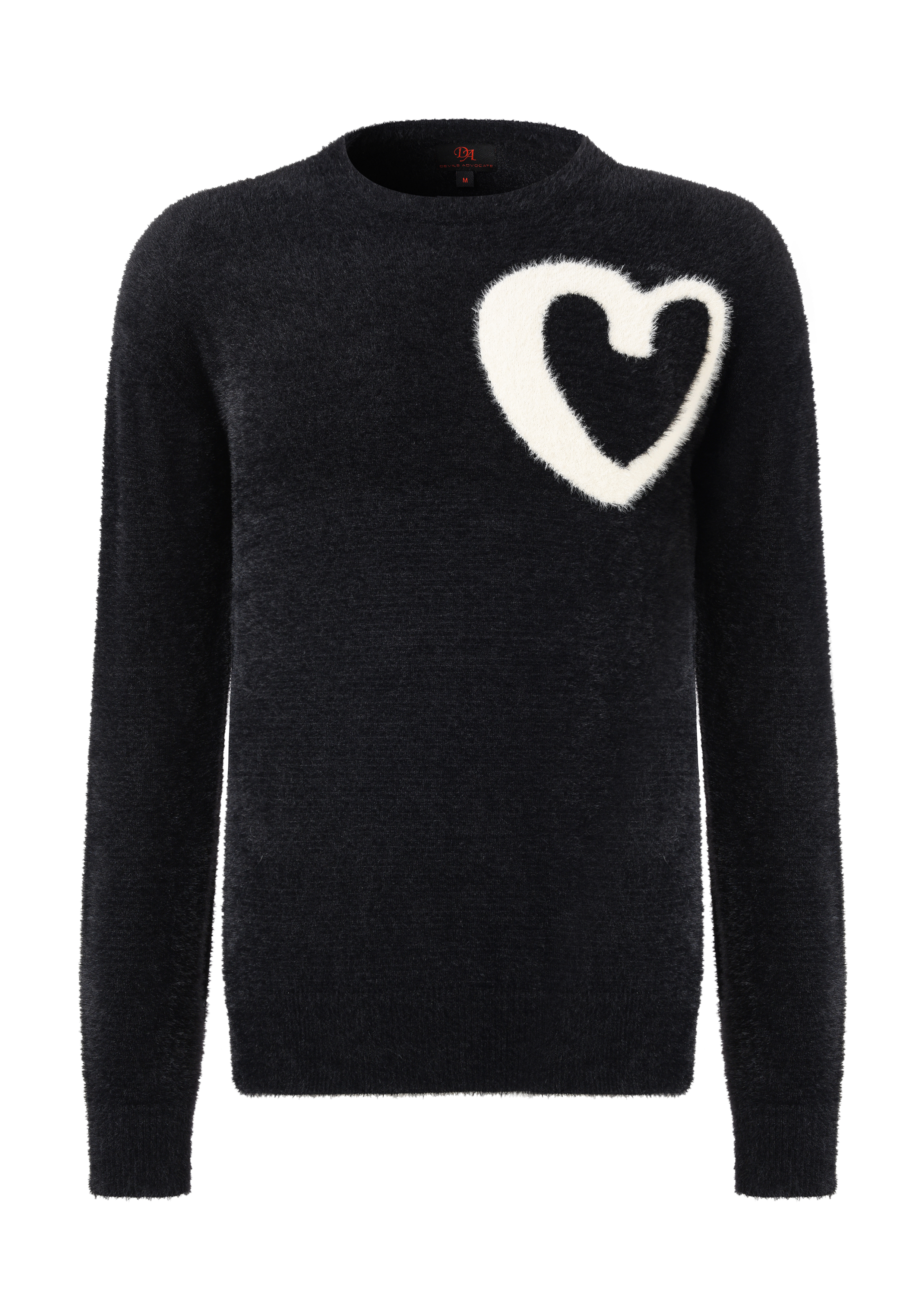 Men\'s High Quality Black Long Sleeve White Heart Pattern Crew-neck Sweater 100%Nylon（fake Mohair）