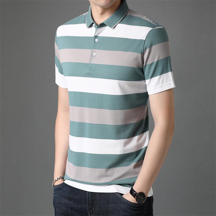 Summer Short Sleeved Striped Golf Tshirts Men'S High Neck Polo Shirt