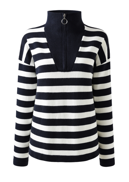 Women's Zip-up Sweater with Black And White Stripes