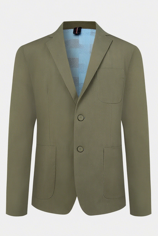  TWO - BUTTON NOTCH LAPEL BLAZER IN LIGHTWEIGHT COTTON - BLEND WITH CONTRAST BLUE PATTERNED LINING