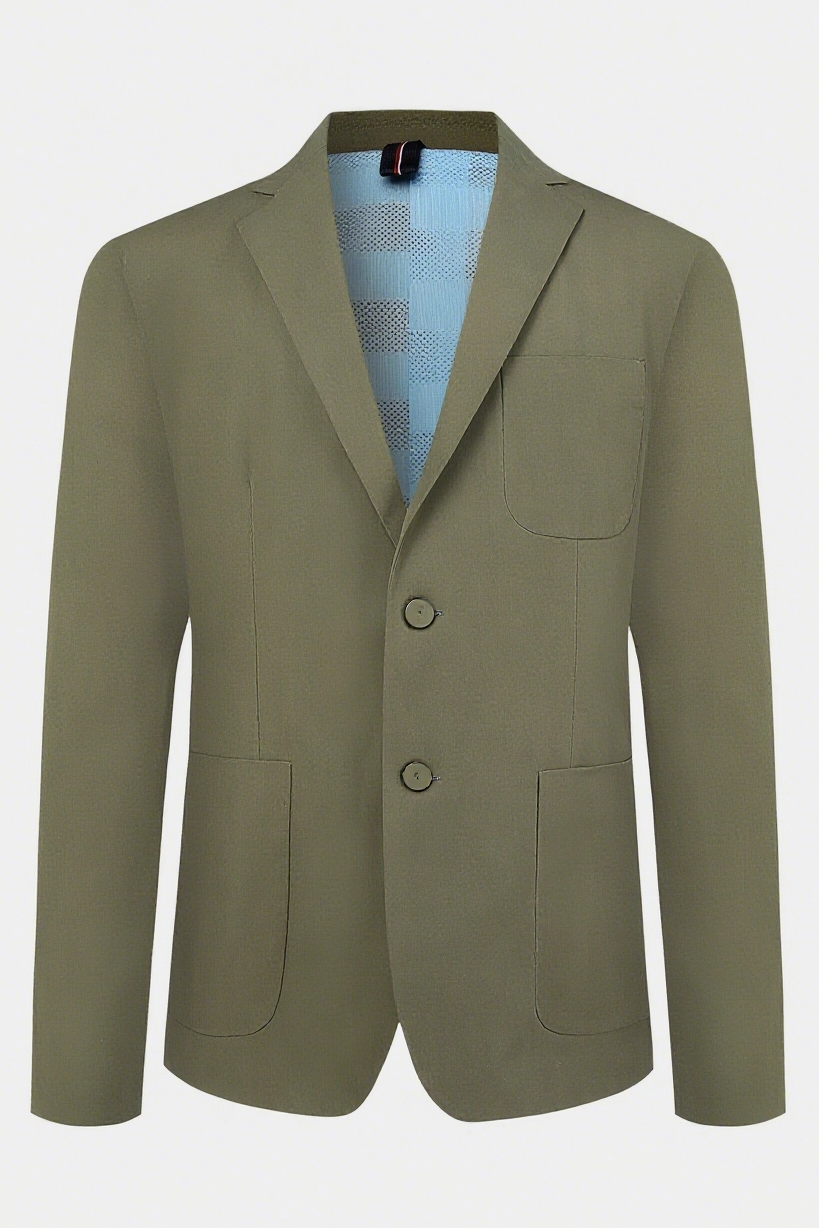  TWO - BUTTON NOTCH LAPEL BLAZER IN LIGHTWEIGHT COTTON - BLEND WITH CONTRAST BLUE PATTERNED LINING