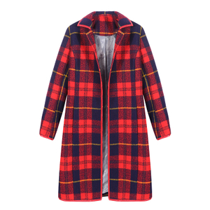 High Quality Women's Winter Wool Blend Red Plaid Coats With Lapel Collar And Adjustable Belt
