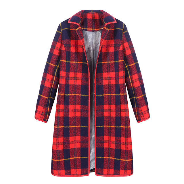 High Quality Women's Winter Wool Blend Red Plaid Coats With Lapel Collar And Adjustable Belt