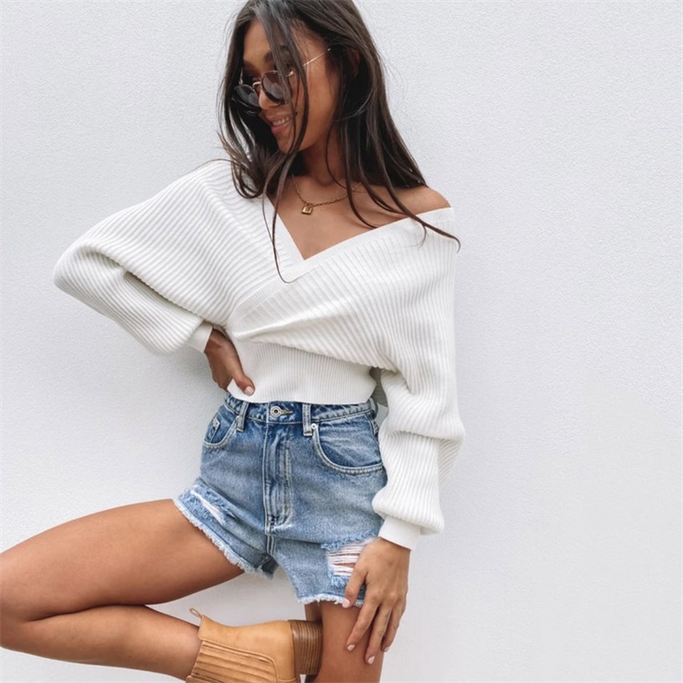 Woman Sexy Deep V Neck Knitted Wrap Crop Top Sweater