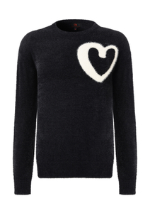 Men's High Quality Black Long Sleeve White Heart Pattern Crew-neck Sweater 100%Nylon（fake Mohair）