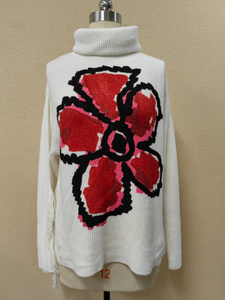 Classic Fashion White Knitted Woven Long Sleeve Turtleneck Pullovers Women Sweater with Red Flower