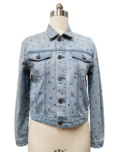 Denim Jacket - Woman Garment-washed Cotton Denim Jacket with Rivets 