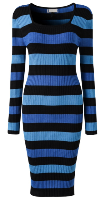Women's Long Slim-fit Blue And Black Striped Contrasting Knit Dress