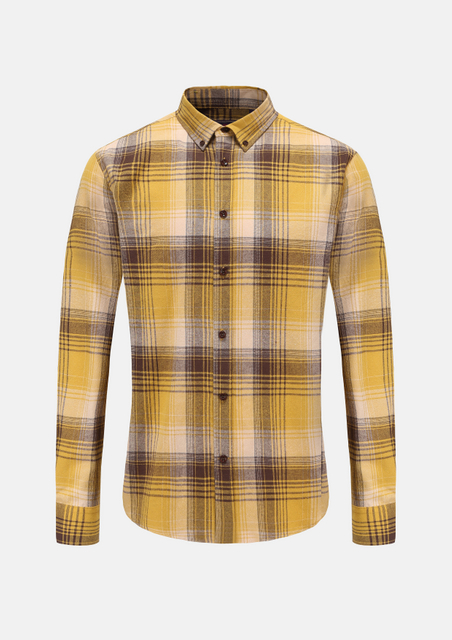 Classic Long - Sleeve Button - Down Shirt with A Collar-yellow Plaid