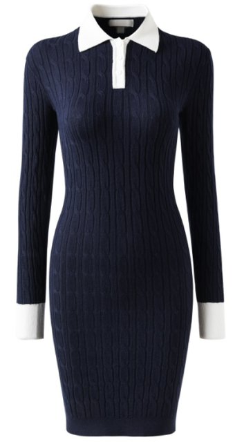Women's Navy Slim Knit Dress with White Polo Collar