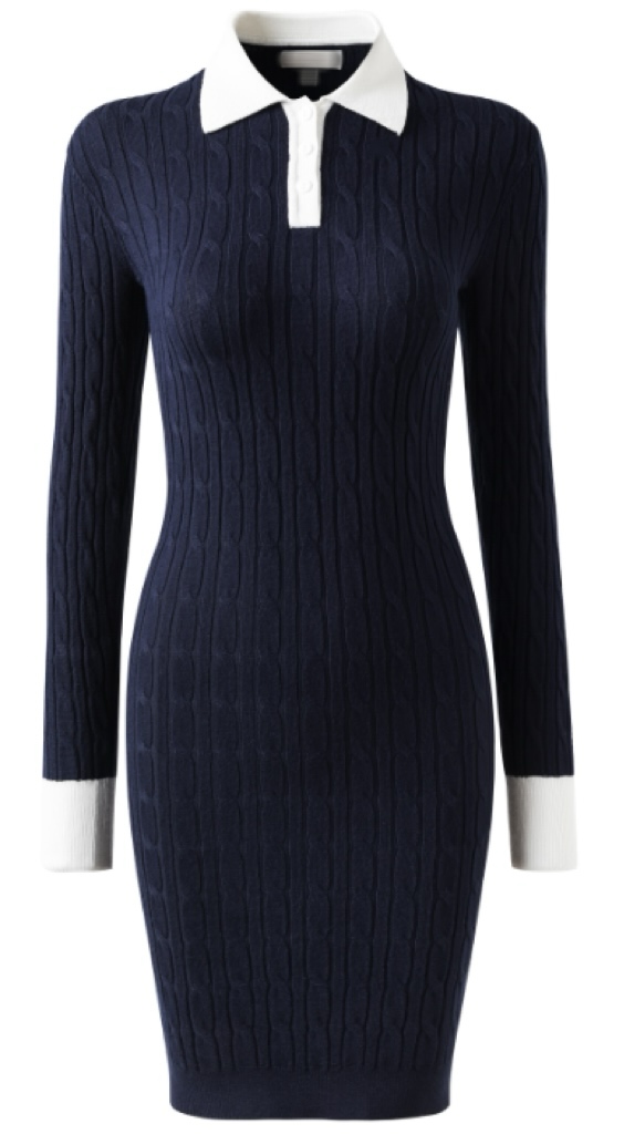 Women\'s Navy Slim Knit Dress with White Polo Collar