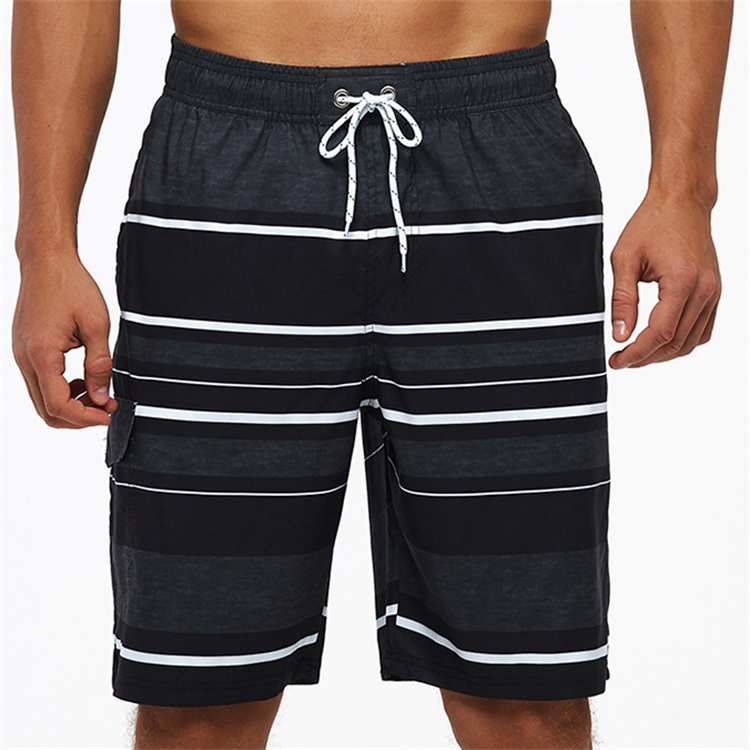 Summer Quick Dry Polyester Men\'s Fit Elastic Waist Striped Beach Shorts