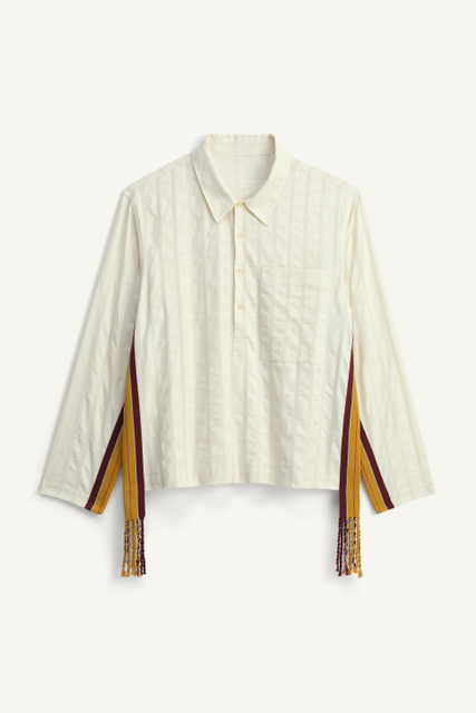 Men's shirt-white-long sleeve shirt-tassels