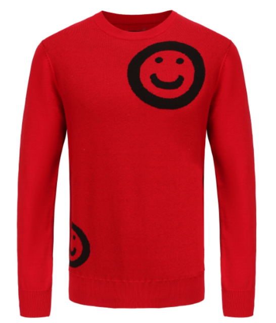 Red Long Sleeve Smiley Face Pattern 100% Cotton Sweater